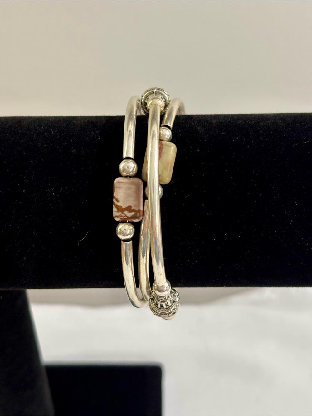 Vintage Genuine Stone Memory Wire Wrap Silver Tone Bracelet